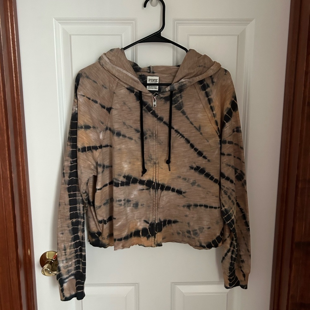Victorias Secret PINK Tie-Dye Cropped Zip Hoodie - Black & Tan